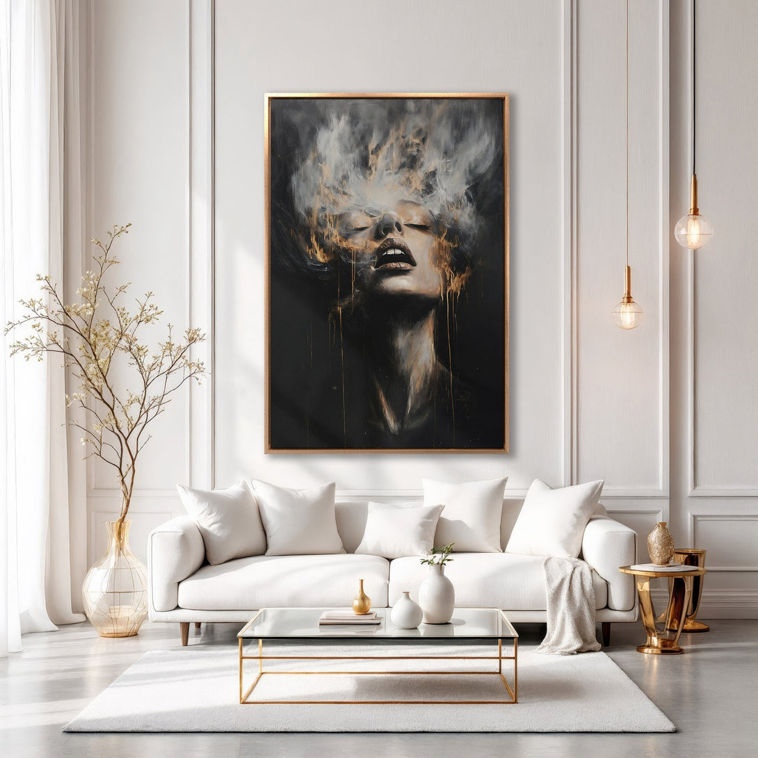 Framed Wall Art: Abstract portrait in black, gold, and white. Modern art canvas print adds elegance to a living room interior.