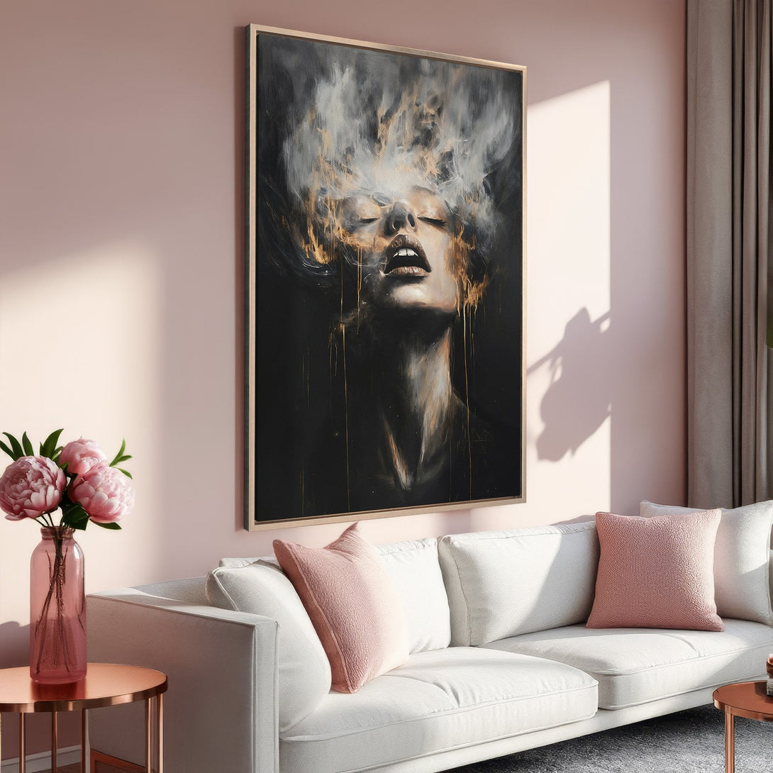 Framed Wall Art featuring an abstract portrait in a modern interior. Black, gold, and neutral tones enhance the elegant, artistic style. Perfect for home decor.