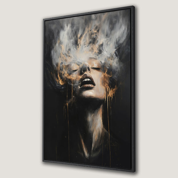 Framed Wall Art featuring a woman's face in an abstract style, with a dramatic black, white, and gold color palette. Perfect for modern home decor.
