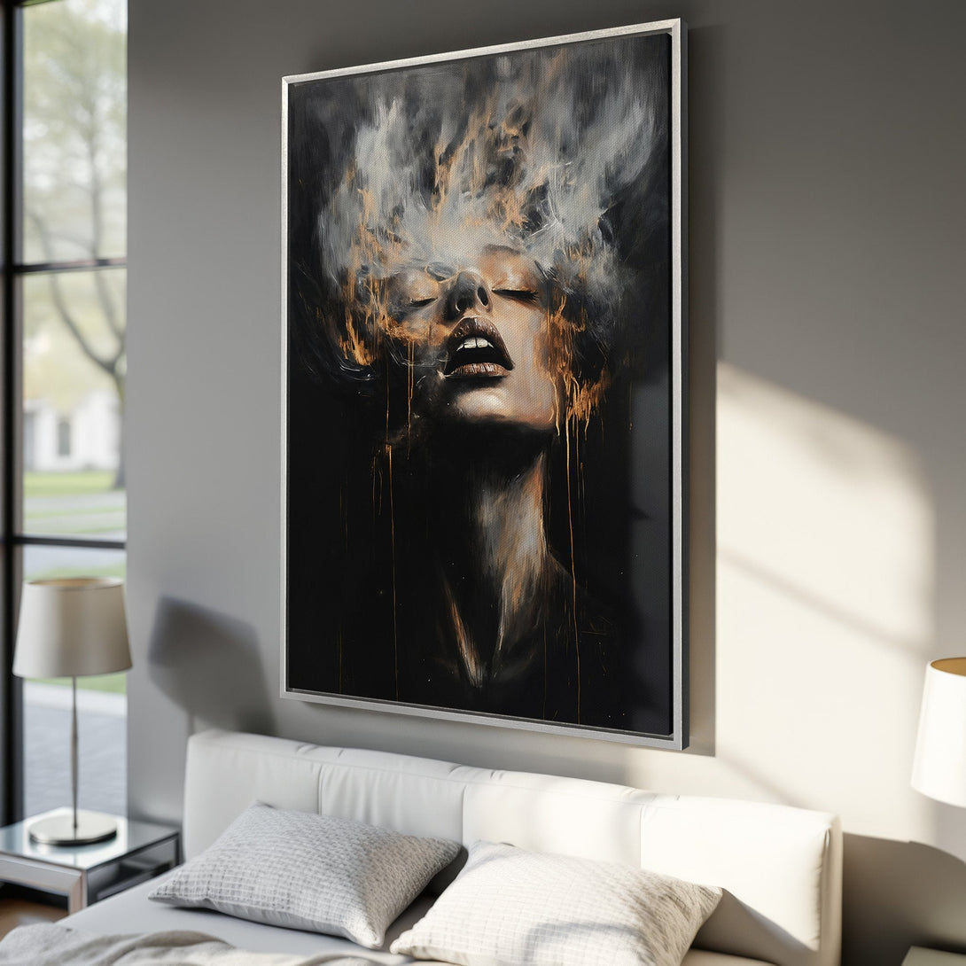 Framed Wall Art of a woman with closed eyes, abstract style, black, gold, and neutral tones. Elevate your space with this captivating Canvas Print!
