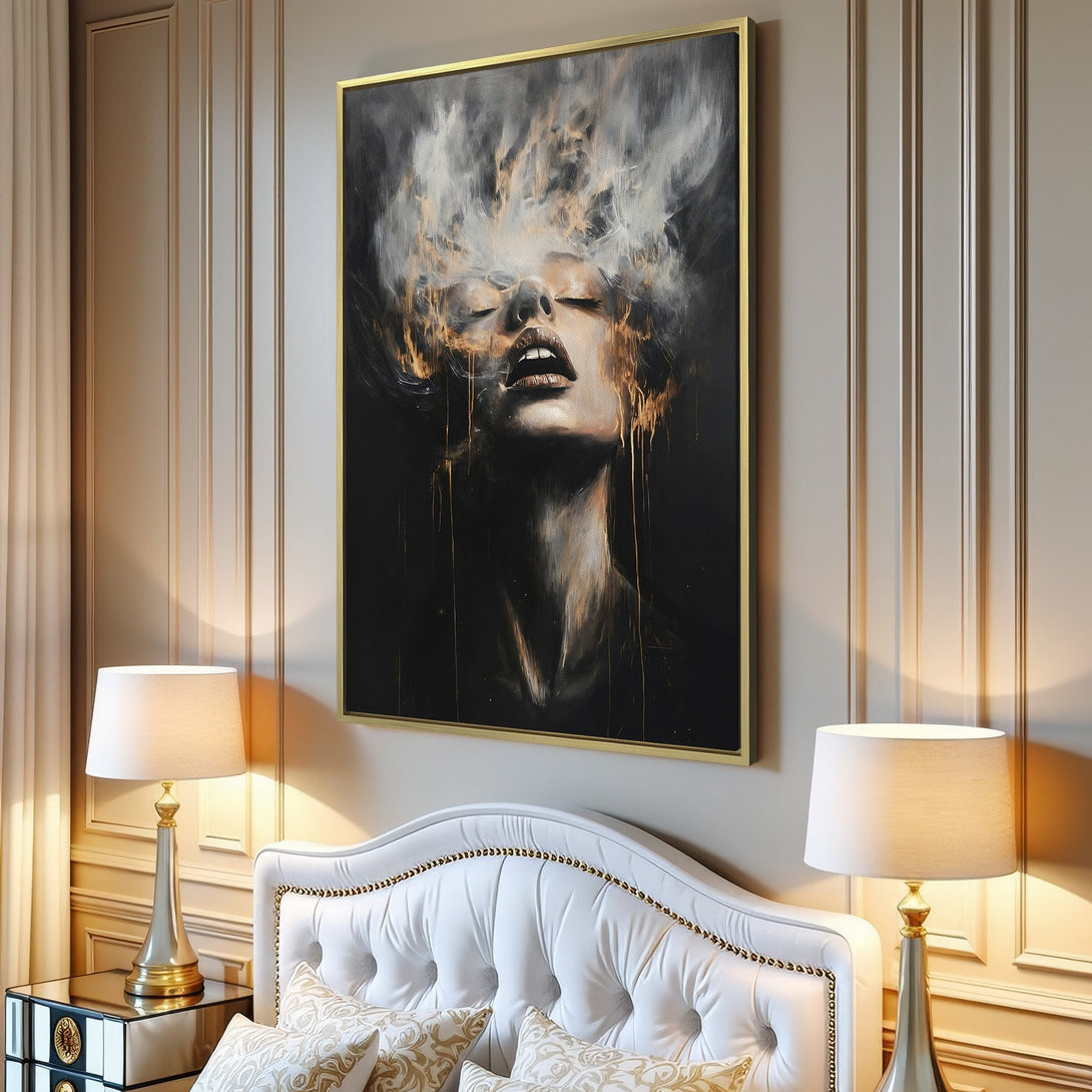 Canvas Print of a woman with smoke effect, modern art style, featuring a dark, gold, and neutral color palette. Perfect wall decor.