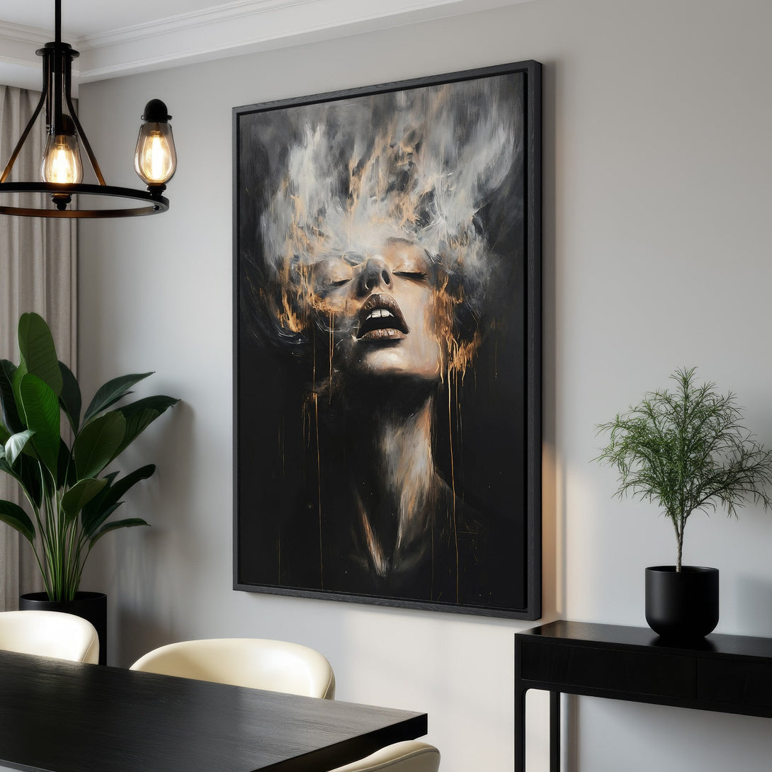 Framed Wall Art: Abstract portrait Canvas Print in black, white, and gold. Modern art for home decor. Elevate your space with this stunning piece.