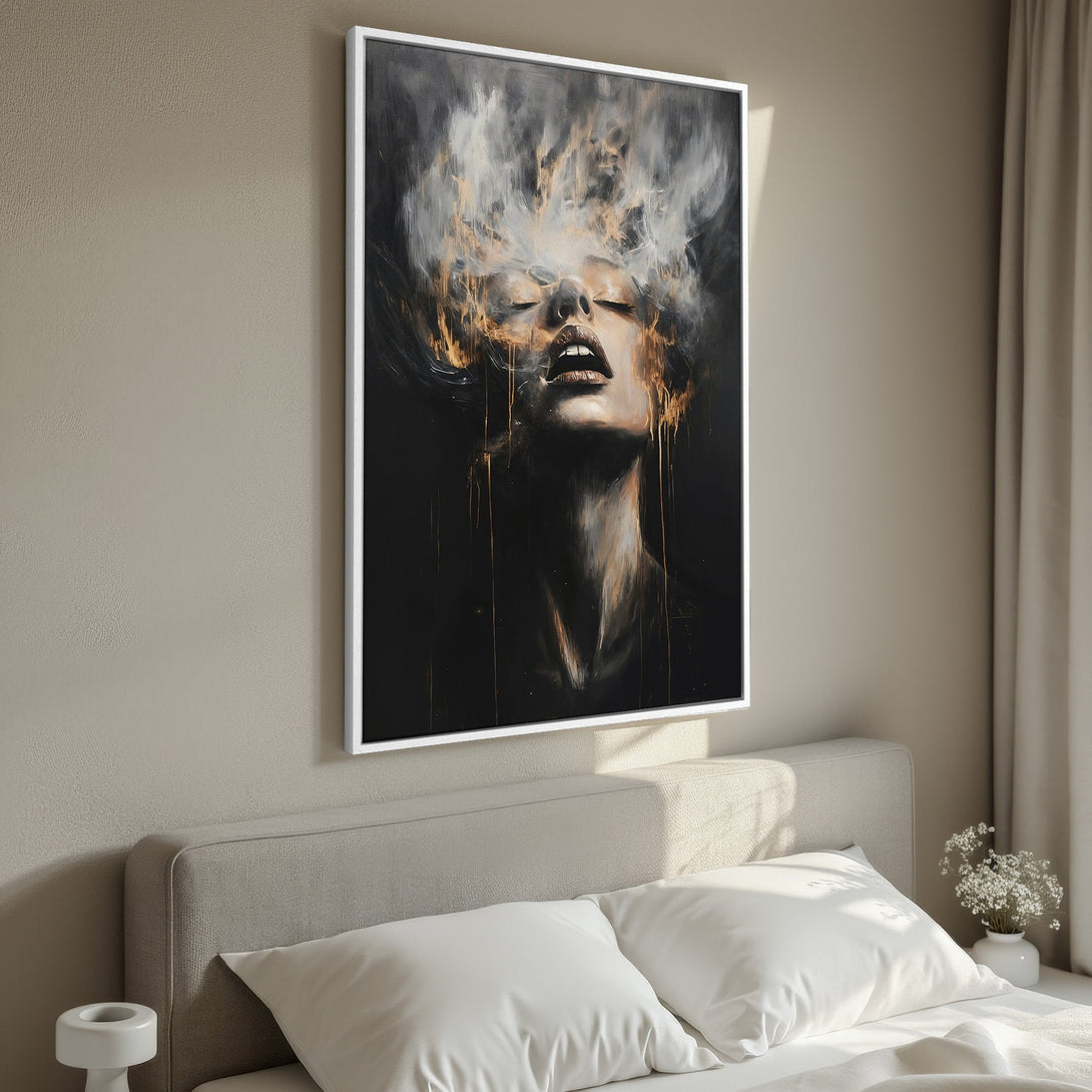 Framed Wall Art: Abstract portrait canvas print in a bedroom. Dark, moody color palette with gold accents. Modern wall decor for a stylish interior.