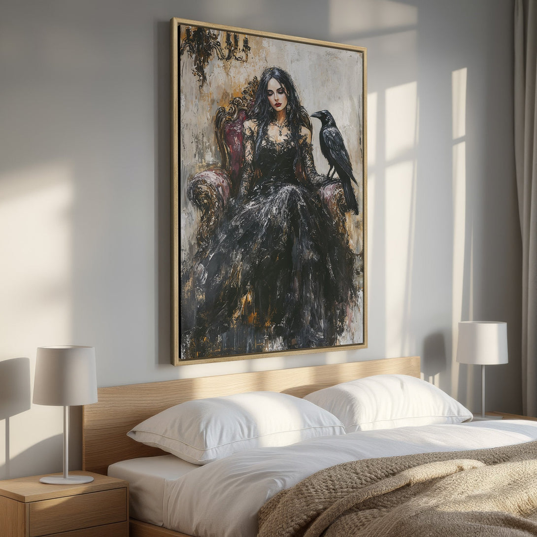 Framed Wall Art: Elegant woman portrait in black and beige tones. Perfect bedroom decor. Enhance your space with this stylish canvas print!