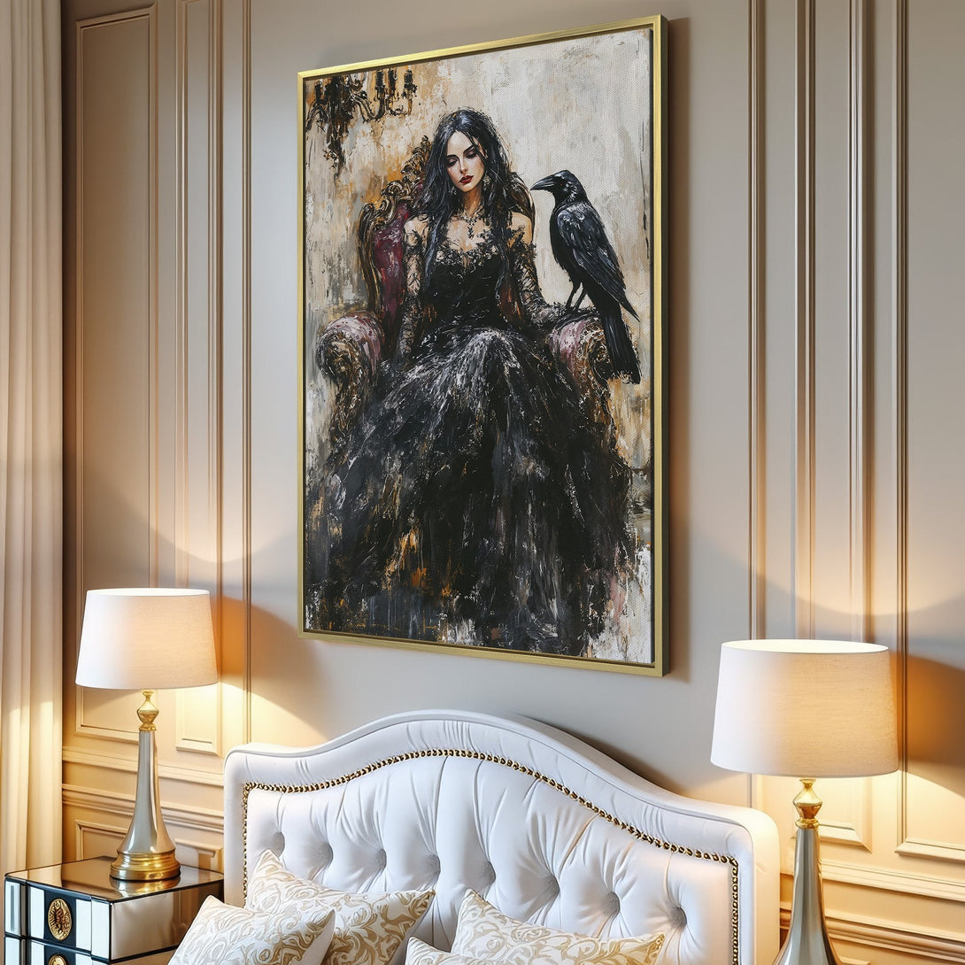 Canvas Print of a woman with floral hair, black and beige tones, perfect for adding a touch of elegance to your living room.
