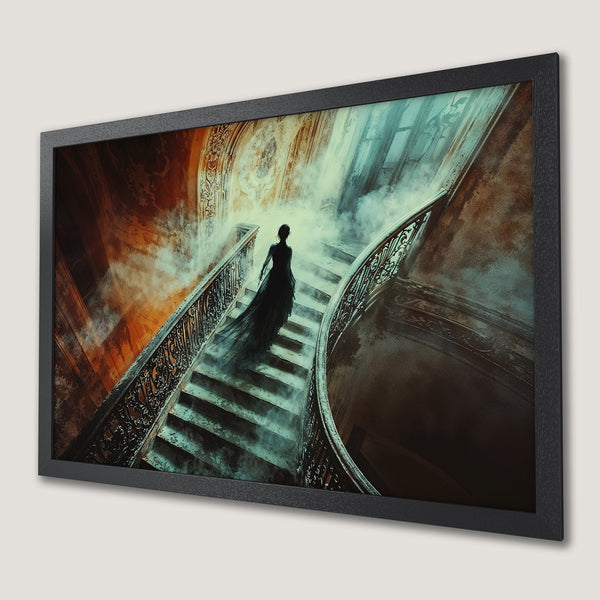 Framed Poster of a woman on a mysterious staircase. Gothic style with a moody color palette of teal, orange, and brown. Perfect wall art!