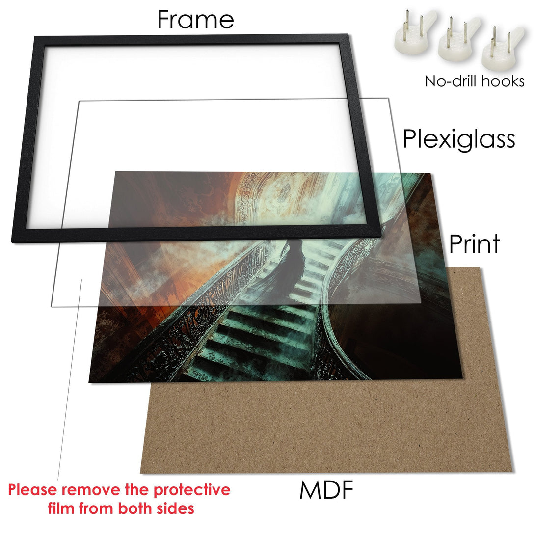 Framed Poster featuring a gothic staircase scene with a dark color palette. Enhance your space with this unique art poster!
