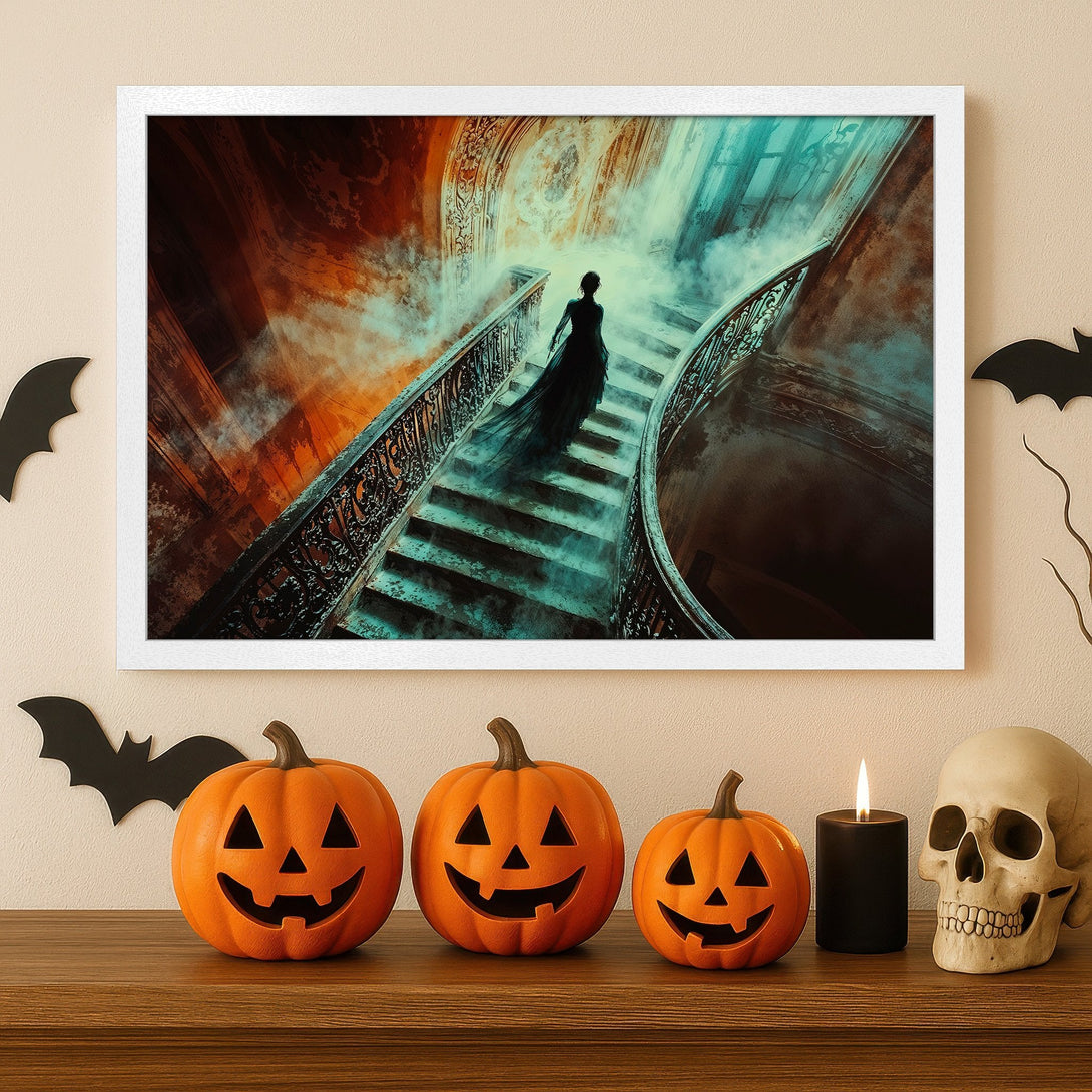 Framed Poster featuring a gothic woman on a staircase. Moody style with teal, orange, and brown color palette. Perfect Halloween decor!