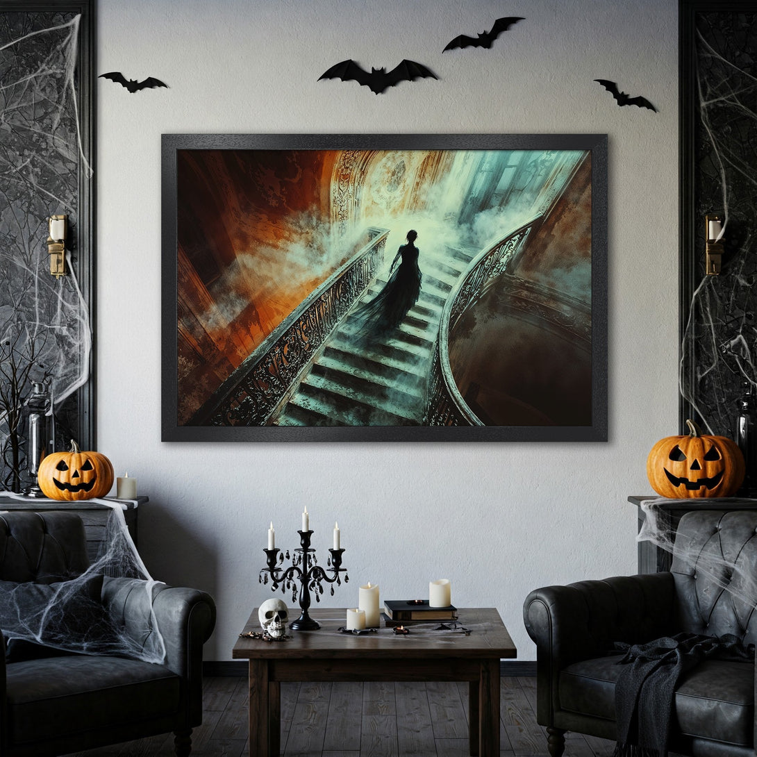 Framed Poster featuring a gothic woman on a staircase, with a moody, atmospheric style in orange, teal, and black. Perfect Halloween decor!