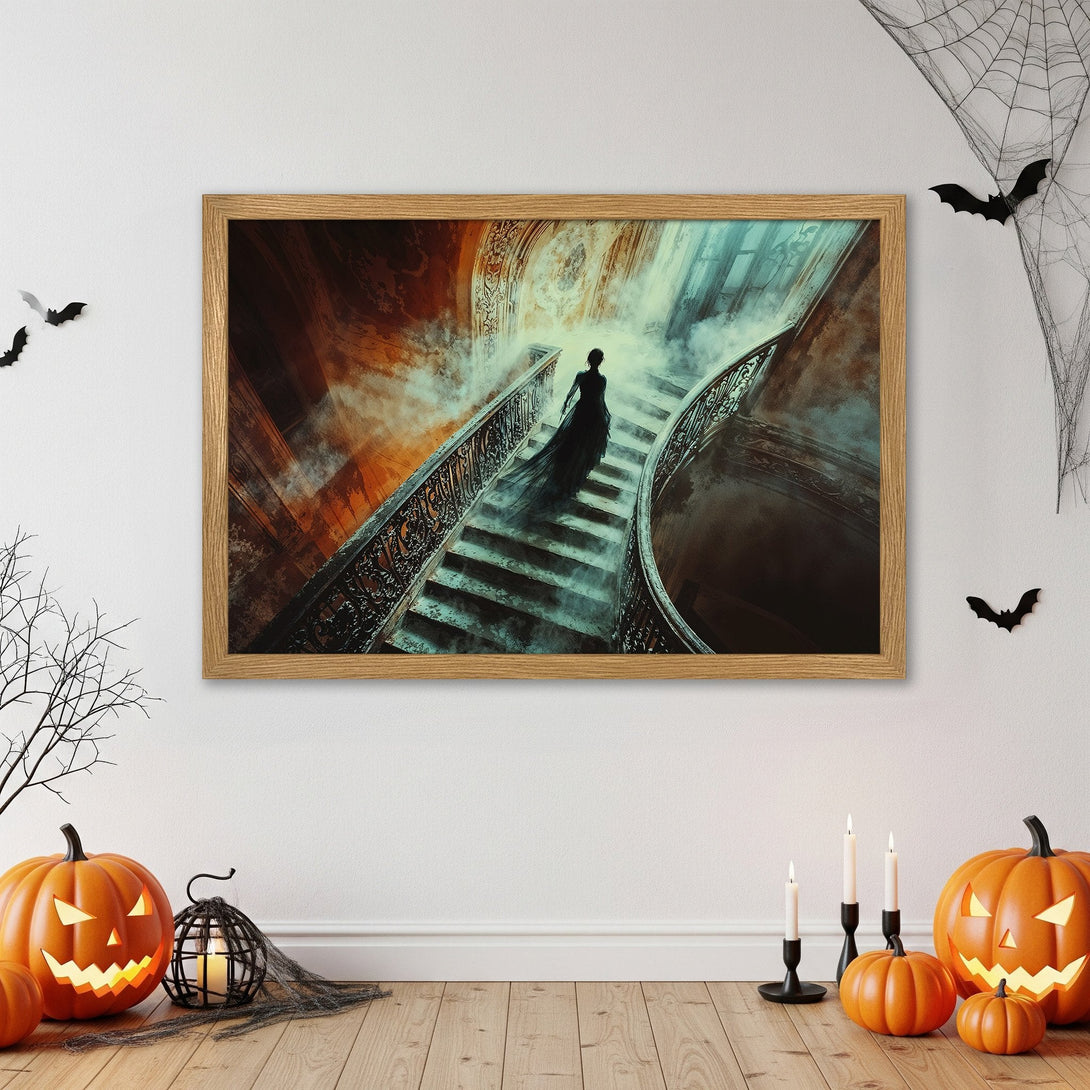 Framed Poster featuring a gothic woman on a staircase with a moody, teal and orange color palette. Perfect Halloween decor!