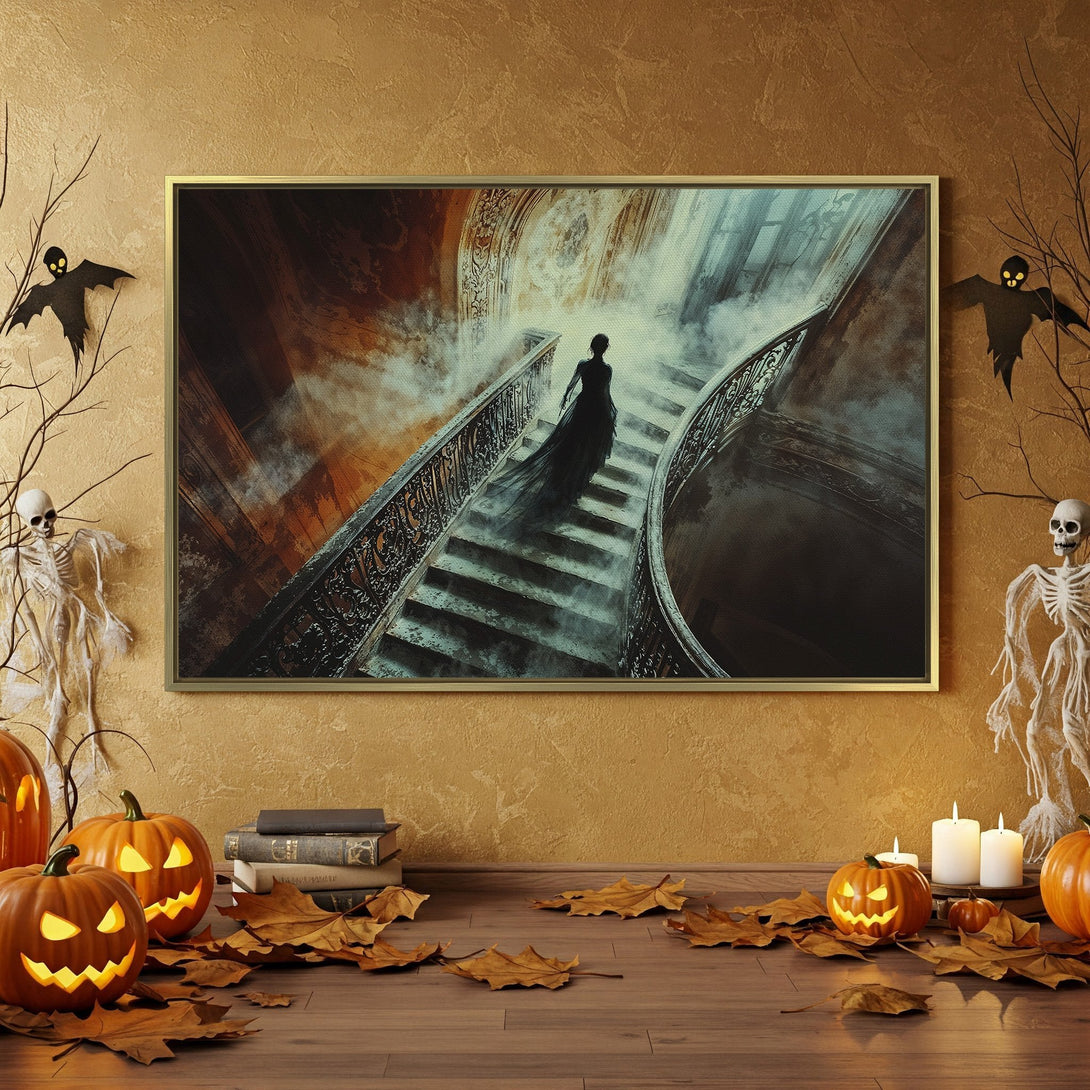 Canvas Print of a haunting staircase scene in moody orange and teal tones, perfect for Halloween decor. Add a spooky touch to your walls!