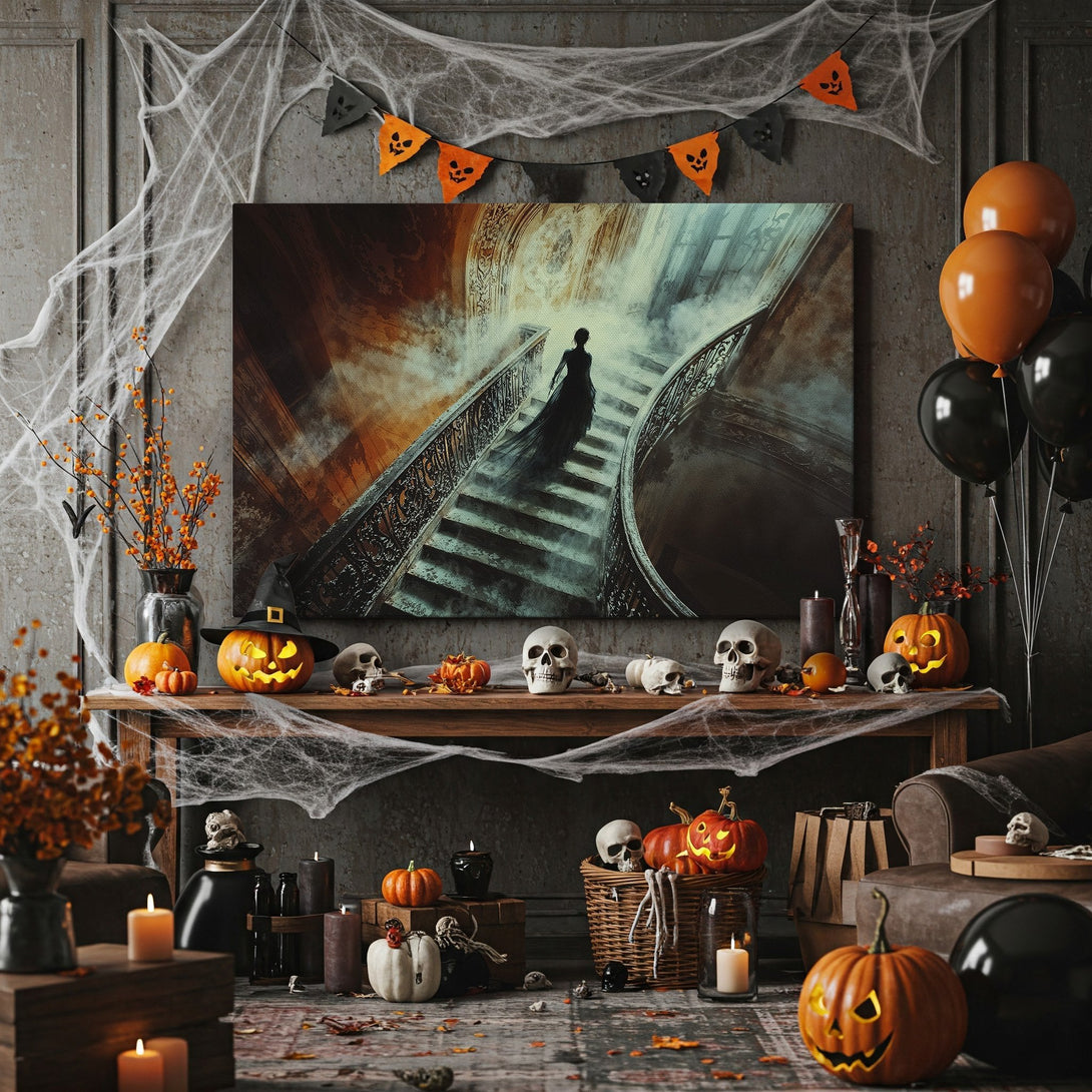 Framed Wall Art: Spooky staircase scene in moody tones. Perfect Halloween decor with a dark, mysterious vibe. Canvas Print for a hauntingly beautiful space.