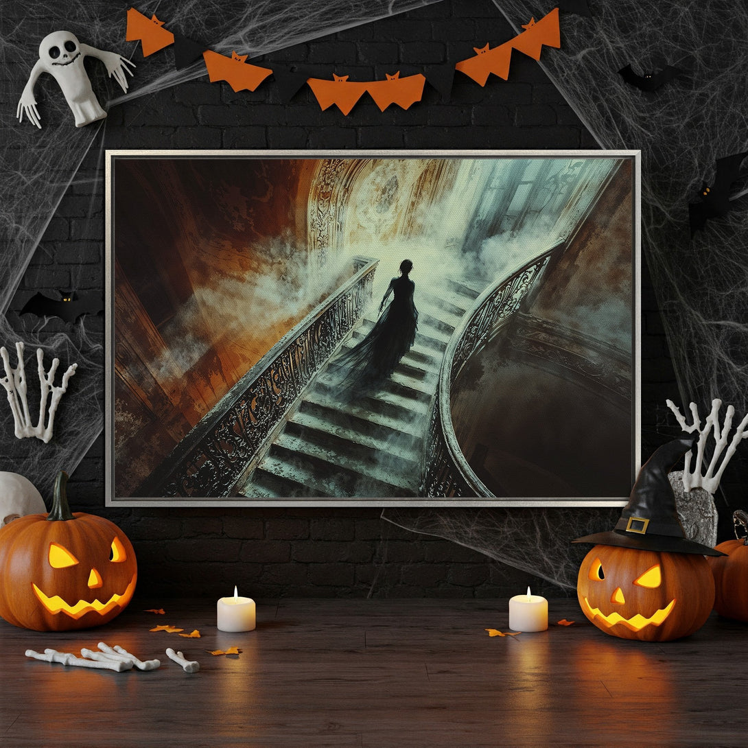 Framed Wall Art: Spooky gothic scene Canvas Print with a woman on a staircase, moody tones, perfect Halloween decor for a hauntingly beautiful space.