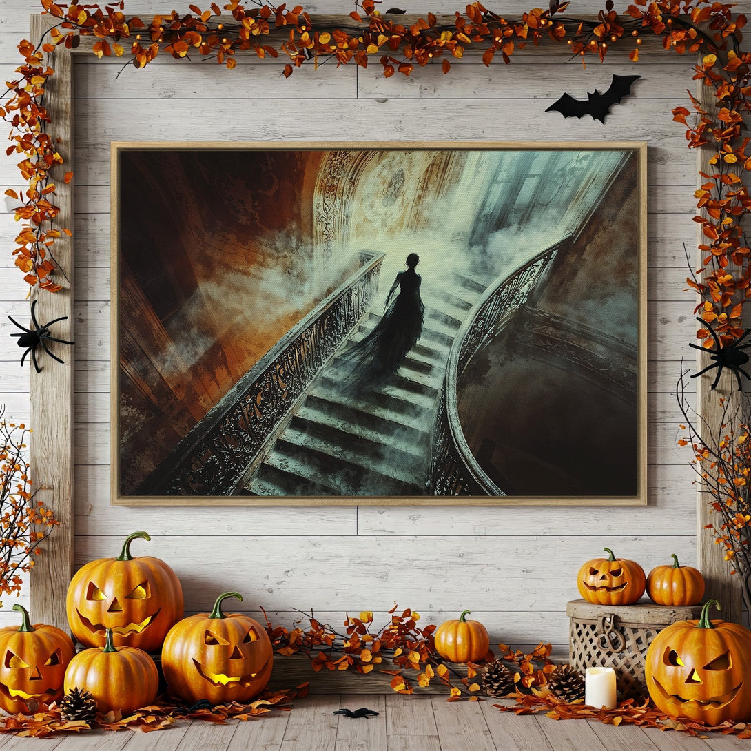 Framed Wall Art: Spooky woman on stairs Canvas Print. Dark, moody artwork with a vintage style and orange/blue color palette. Perfect Halloween decor.