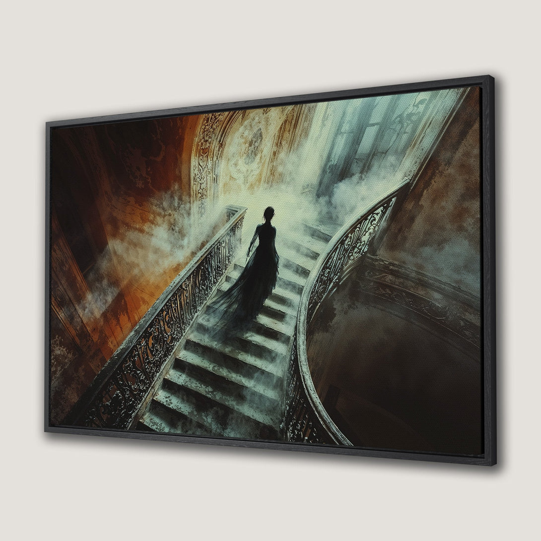 Framed Wall Art: Silhouette on a dramatic staircase, gothic style. Moody, dark color palette with hints of orange and teal. Perfect for a statement piece.