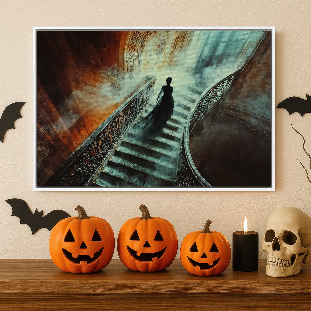 Framed Wall Art: Spooky gothic scene with a woman on a staircase, featuring a dramatic color palette of orange, teal, and black. Perfect Halloween decor!