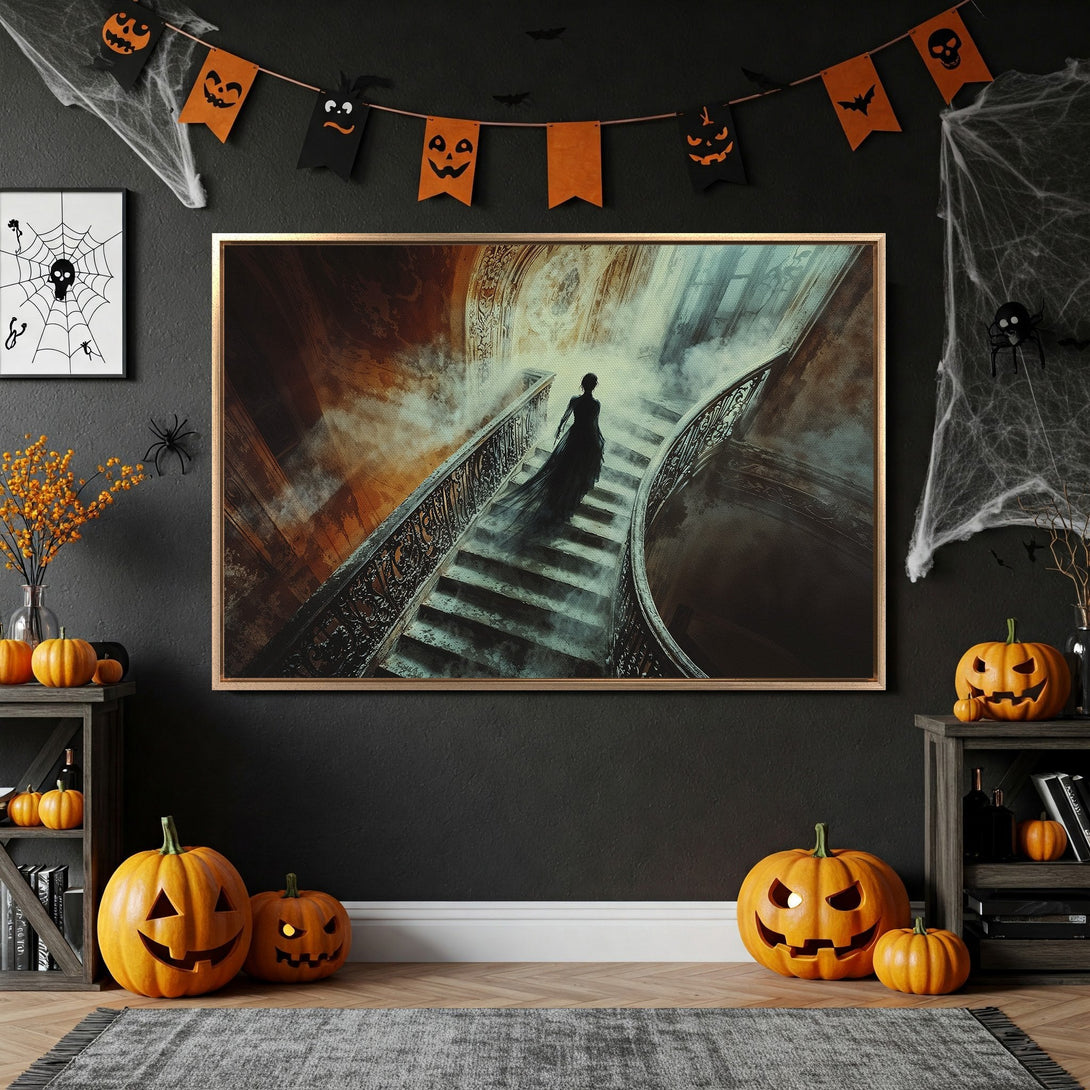 Framed Wall Art: Spooky woman on a staircase canvas print, featuring a moody, gothic style with a warm, orange and brown color palette. Perfect Halloween decor!