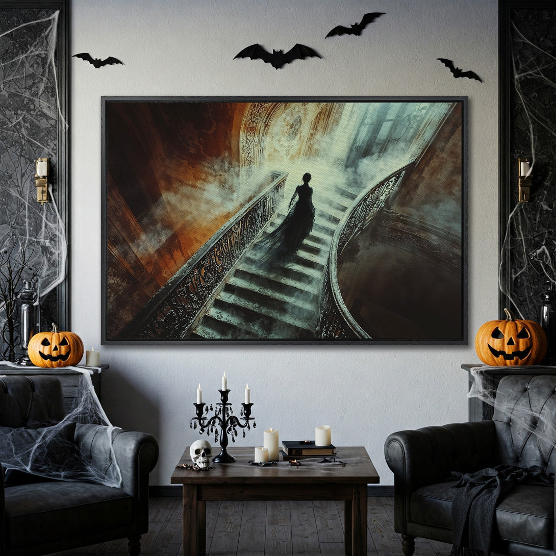 Framed Wall Art: Spooky gothic art print of a woman on a staircase, in a dark, moody color palette. Perfect Halloween decor.