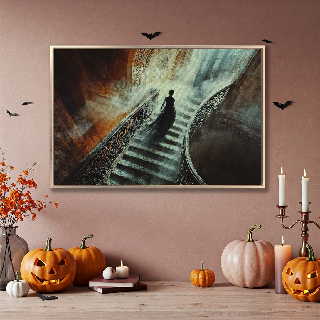 Framed Wall Art: Spooky gothic staircase scene in moody, warm tones. Perfect Halloween decor! Canvas Print available.
