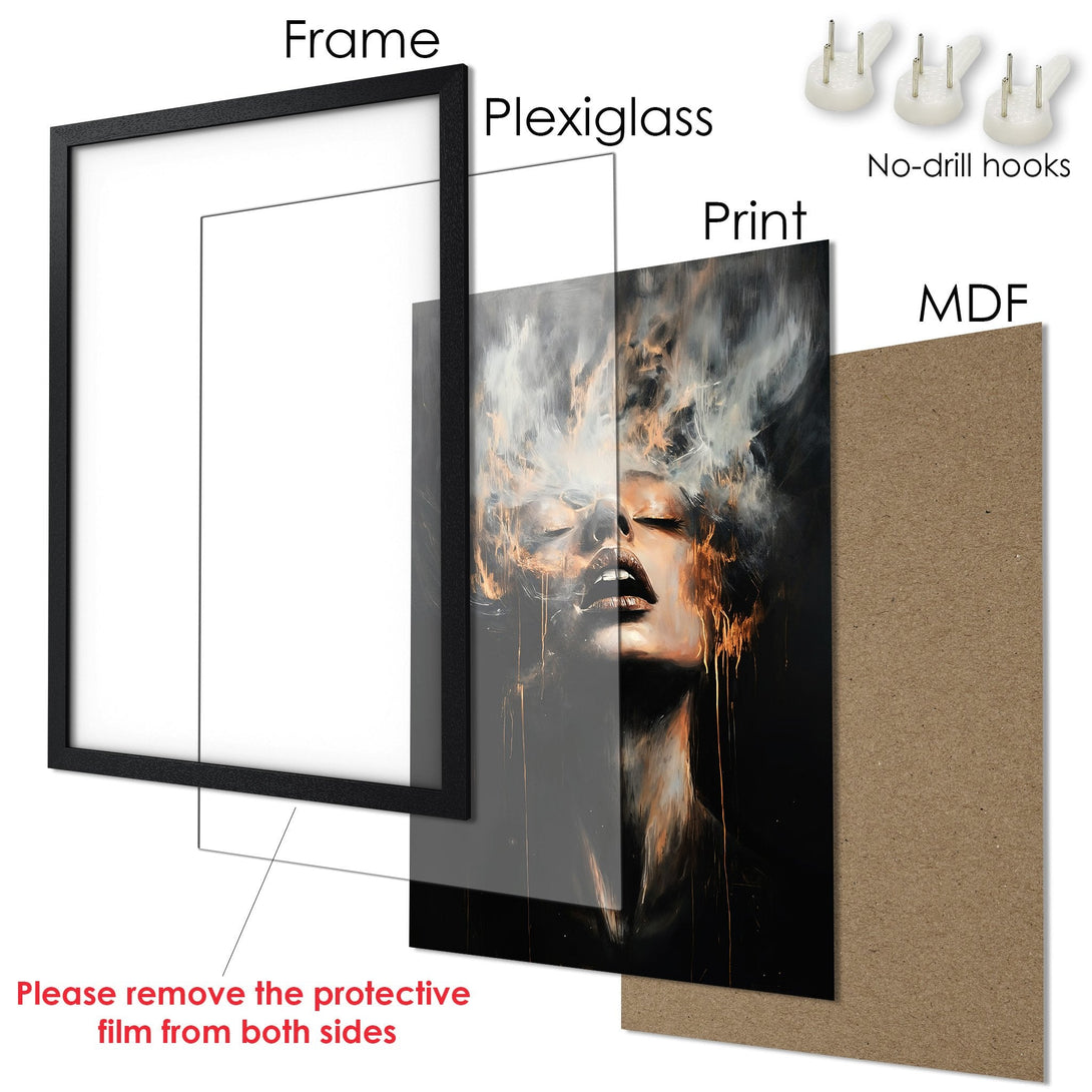 Framed Poster featuring a woman's face in an abstract style with a black, white, and gold color palette. Perfect wall art for any room!