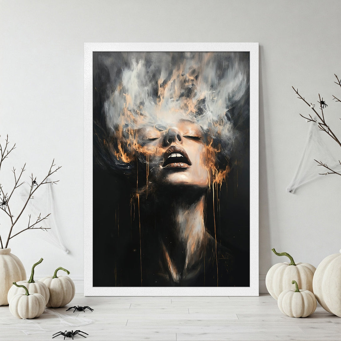 Framed Poster: Abstract art print of a woman with smoky, gold and black color palette. Modern wall decor.