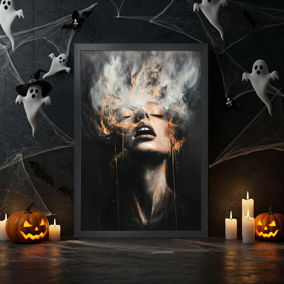 Framed Poster featuring a woman's portrait in a dark, moody style with a black, gold, and white color palette, perfect for Halloween decor.