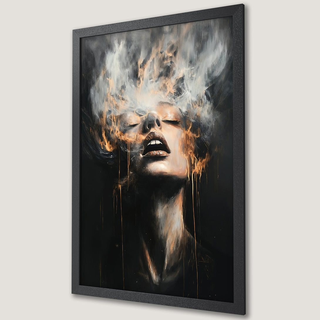 Framed Poster featuring a woman's face with abstract, expressive style and a dark, moody color palette of black, white, and gold.