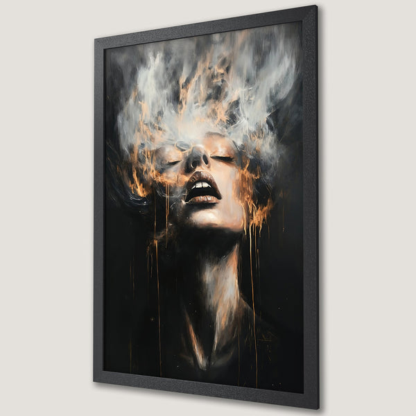 Framed Poster featuring a woman's face with abstract, expressive style and a dark, moody color palette of black, white, and gold.