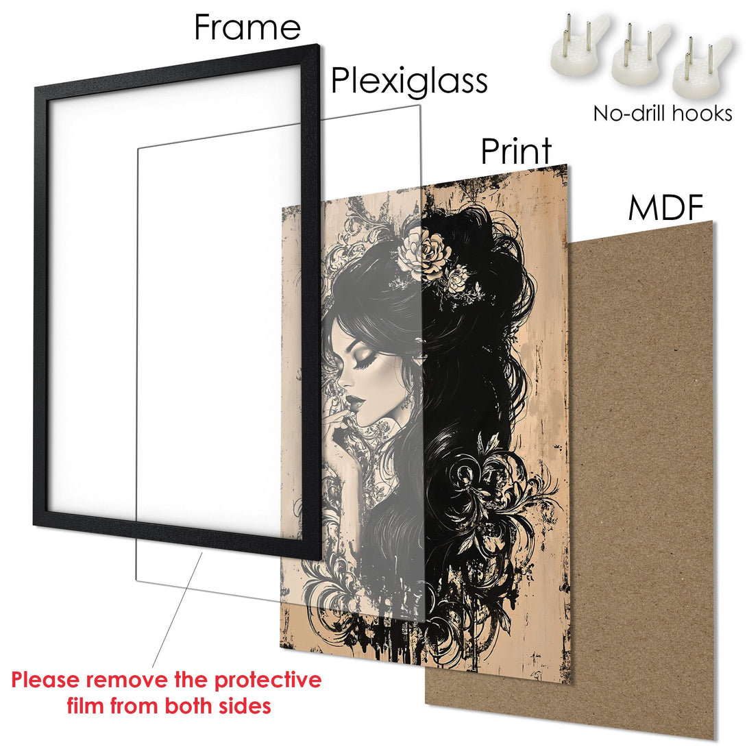 Framed Poster featuring a woman with long black hair, artistic style, neutral and black color palette. Perfect wall art!