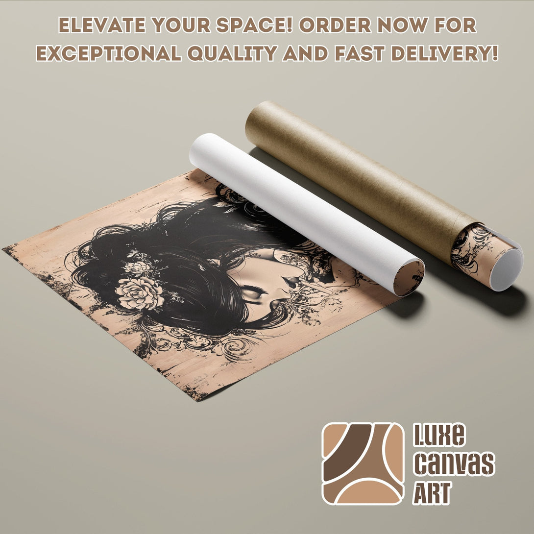 Poster Roll featuring a woman's face, artistic style, neutral & brown tones. Elevate your space!