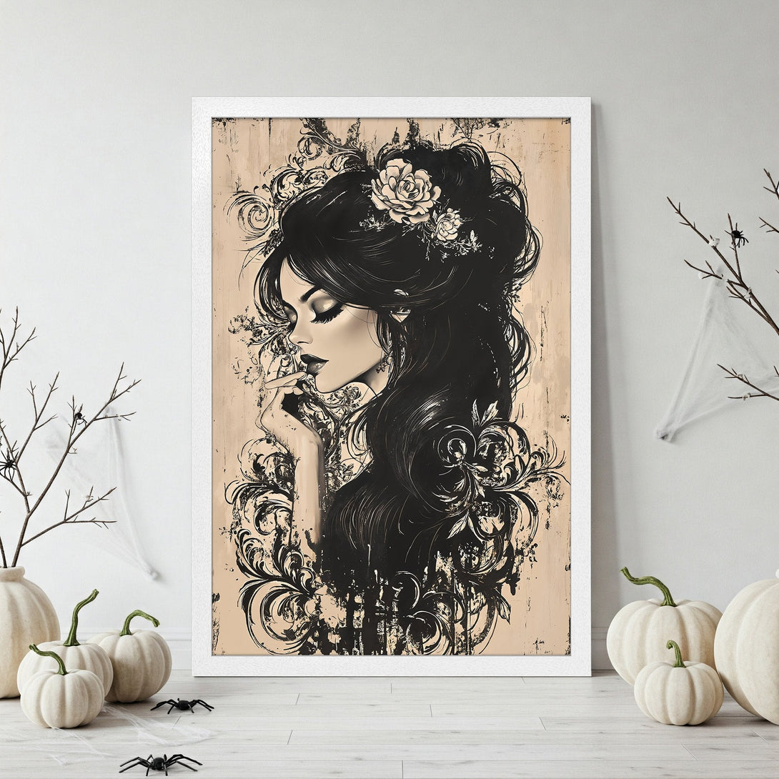 Framed Poster featuring a woman with long black hair, artistic style, neutral and black color palette, perfect wall art.