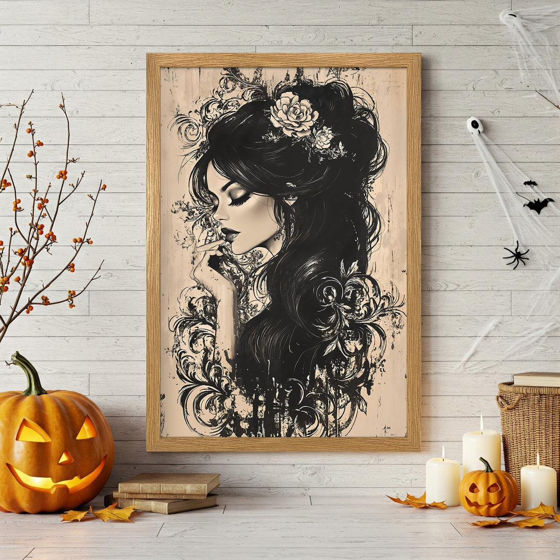 Framed Poster featuring a woman with flowing black hair, artistic style, and a neutral, beige and black color palette. Perfect Halloween decor.