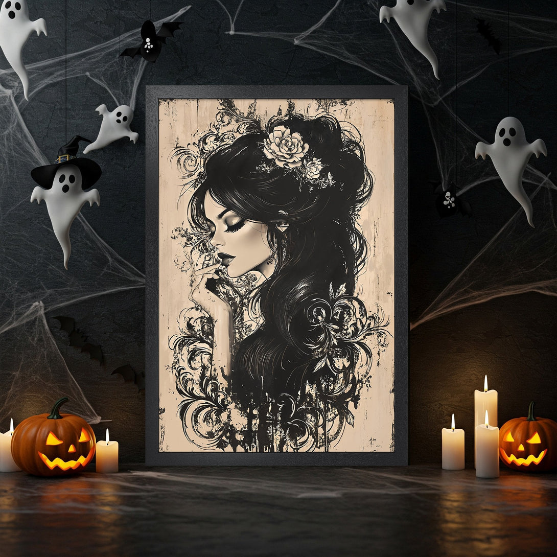 Framed Poster featuring a woman with long black hair in a dark, artistic style. The color palette uses black, beige, and white, with Halloween decor.