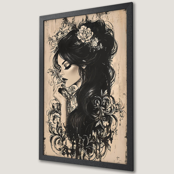 Framed Poster featuring a woman with long black hair, artistic style, neutral color palette. Perfect wall art!