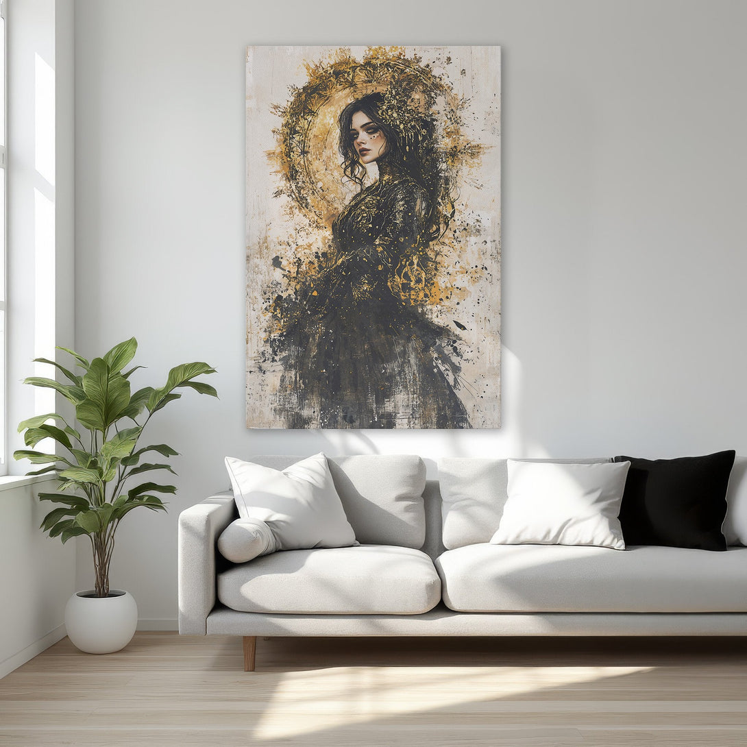 Framed Wall Art featuring a woman portrait in a black and gold abstract style. Adds a touch of elegance to any bedroom decor.