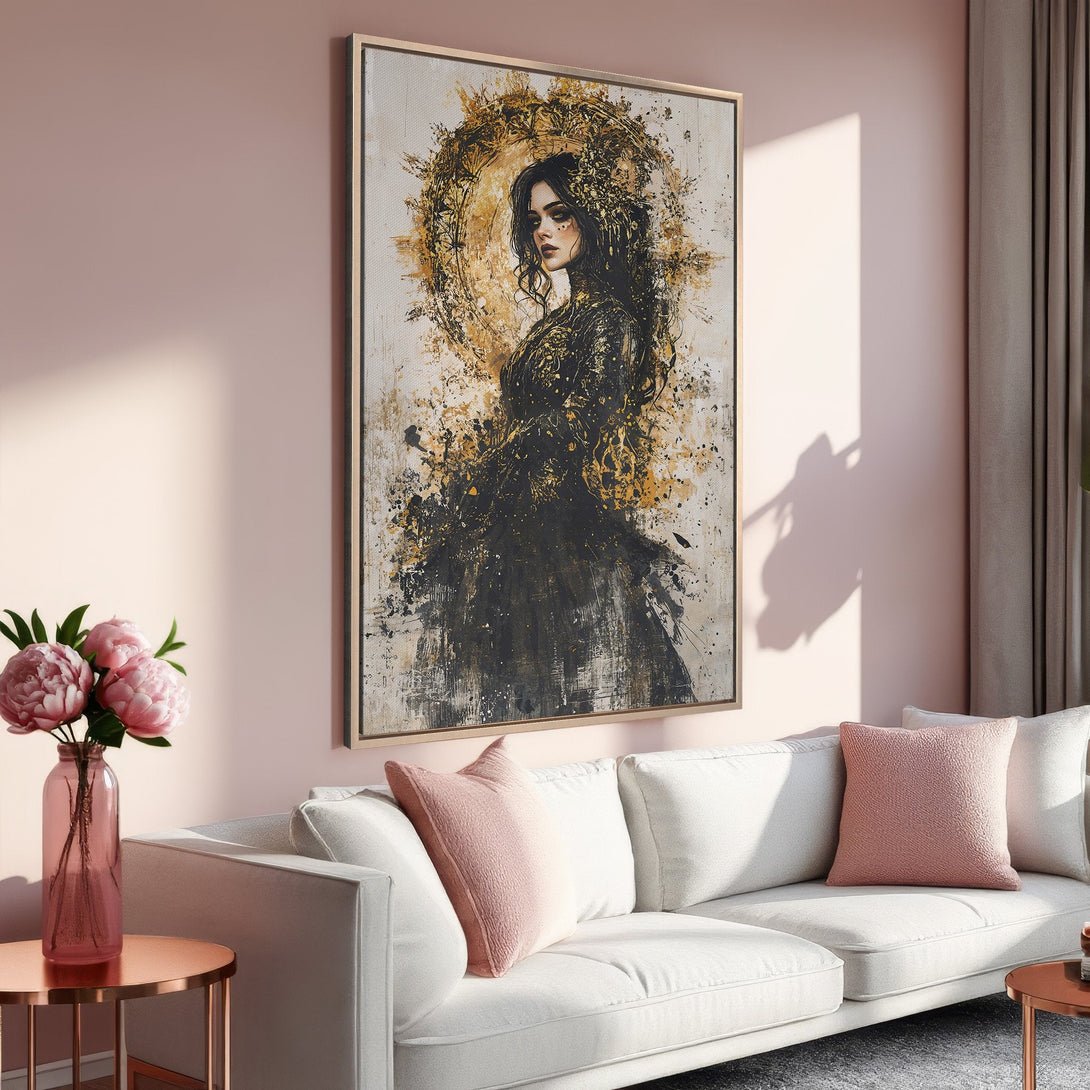 Framed Wall Art: Elegant woman portrait in black & gold, displayed in a modern living room. Soft blush & neutral color palette. Shop now for stylish home decor!