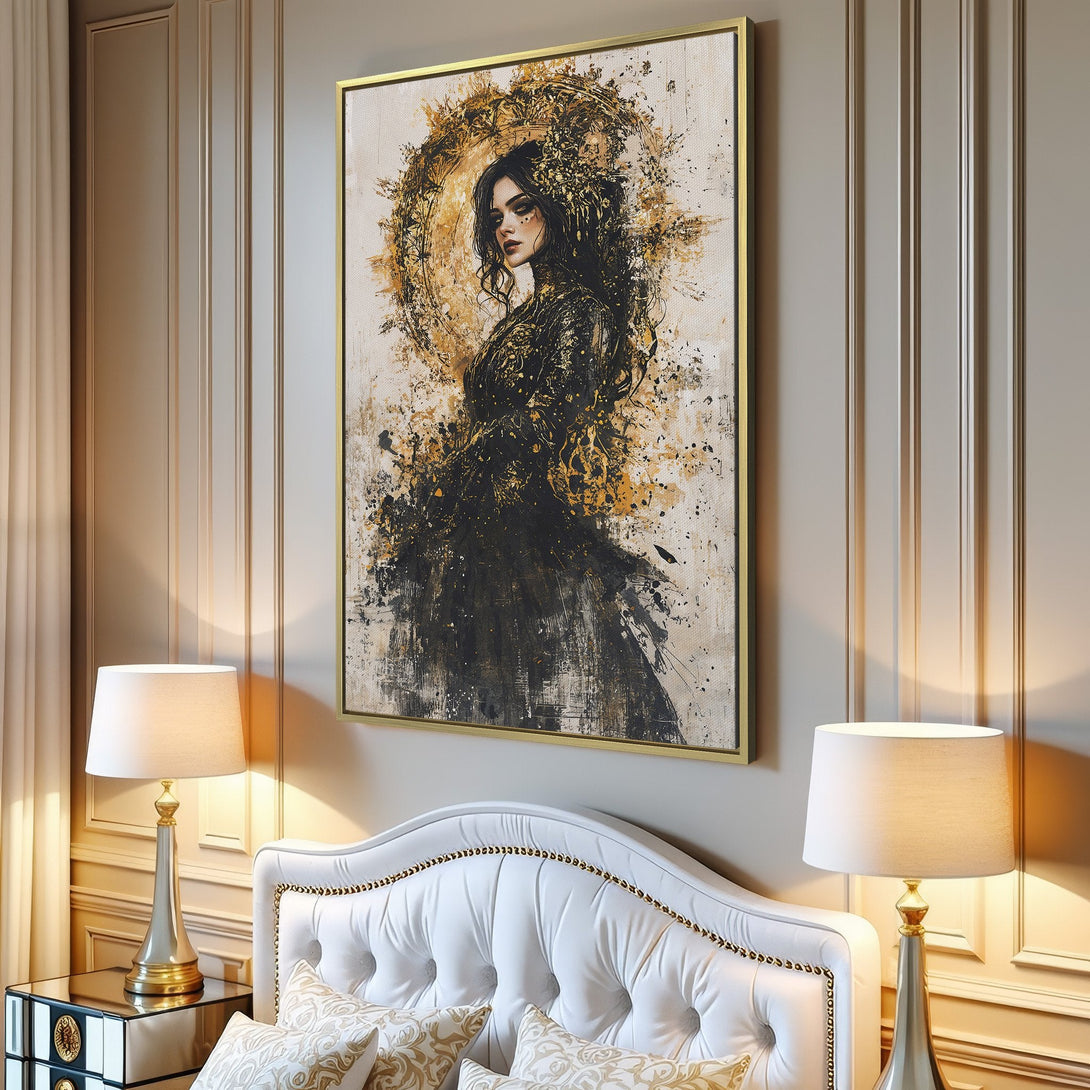 Canvas Print of a woman in black and gold, abstract style, displayed in a modern interior with a neutral color palette.