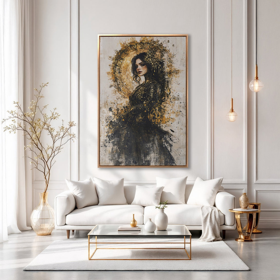 Framed Wall Art: Abstract portrait in gold and black. Modern canvas print adds elegance to a living room with a neutral color palette. Shop now!