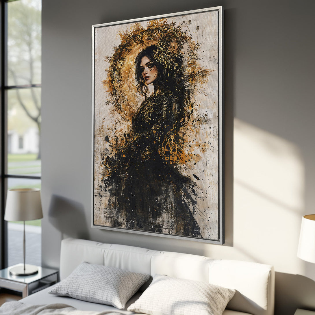 Framed Wall Art: Abstract portrait canvas print in gold, black, and beige. Modern art for bedroom decor. Enhance your space with this stunning piece.