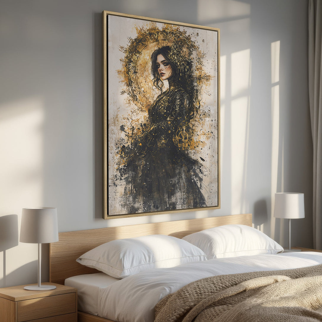 Framed Wall Art featuring a woman in a gold and black abstract style. Perfect bedroom decor with a neutral color palette. Shop now!