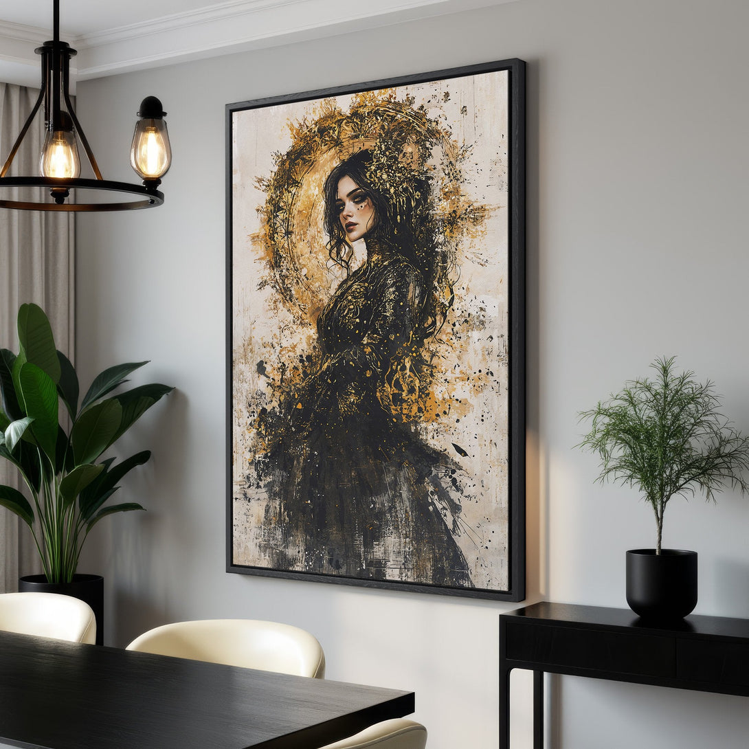 Framed Wall Art: Abstract portrait Canvas Print in black and gold, adding elegance to any space. Modern art with a captivating color palette.
