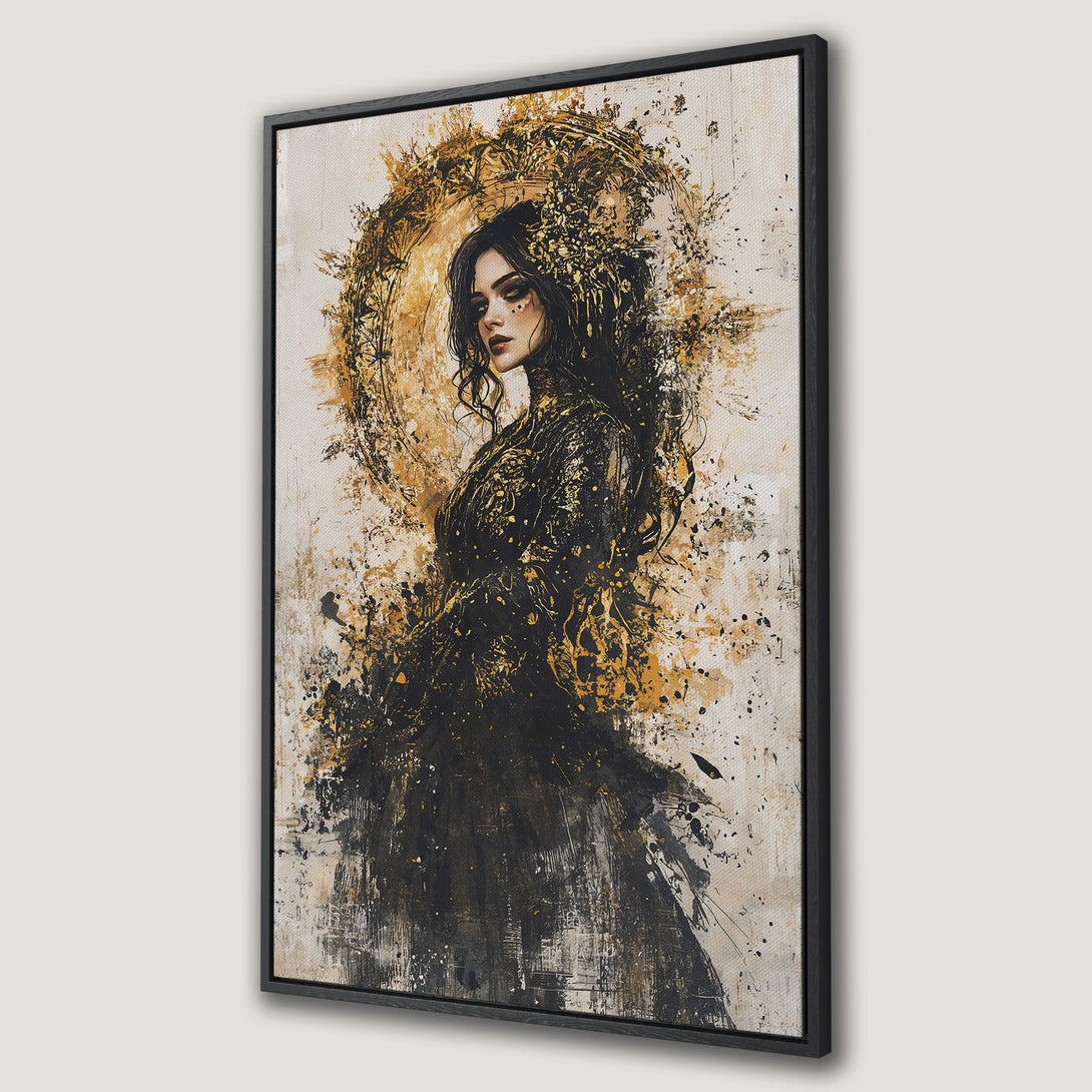 Framed Wall Art featuring a woman in an abstract style with gold and black accents. Perfect for adding a touch of elegance to any room.