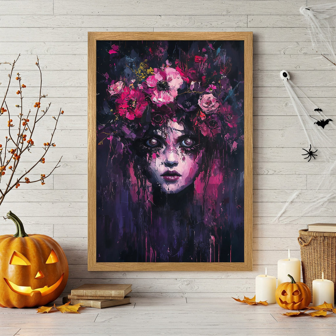 Framed Poster featuring a haunting woman with floral crown, painted in a dark, expressive style with a purple and pink color palette. Perfect Halloween decor!