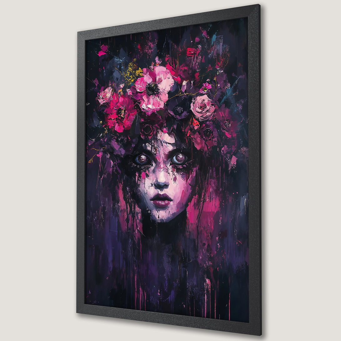 Framed Poster featuring a mysterious woman with floral crown, in a dark, painterly style with a vibrant pink and purple palette.