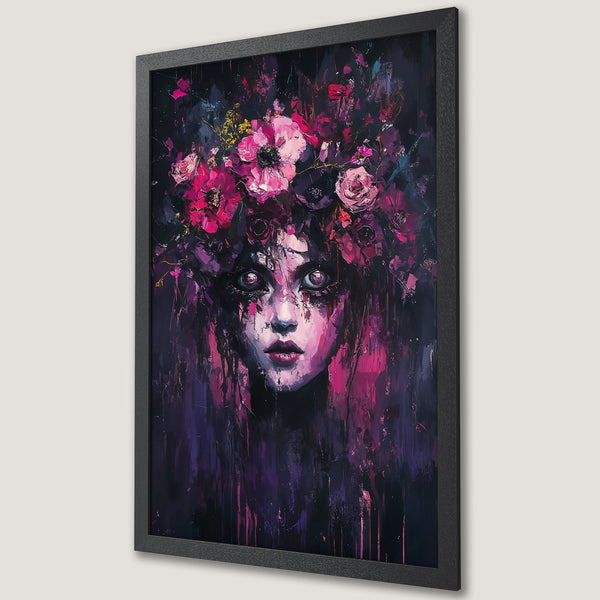 Framed Poster featuring a mysterious woman with floral crown, in a dark, painterly style with a vibrant pink and purple palette.