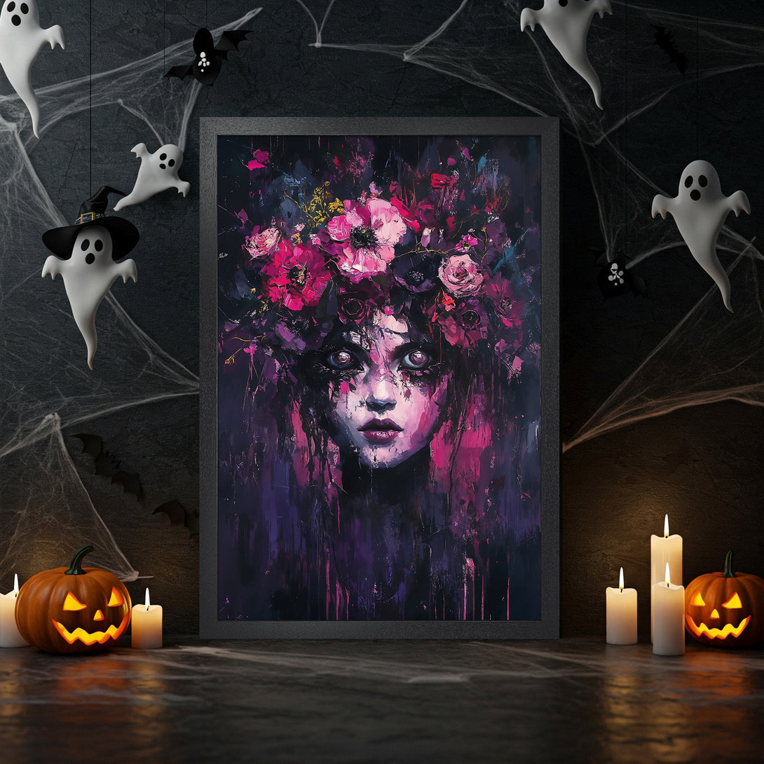 Framed Poster featuring a haunting woman with floral crown, abstract art style, and a dark purple and pink color palette. Perfect Halloween decor!