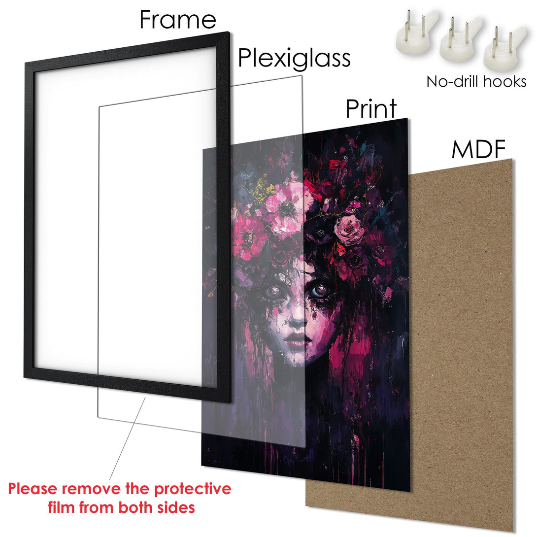 Framed Poster featuring a woman with floral elements, dark & vibrant color palette. Perfect wall art for your home!