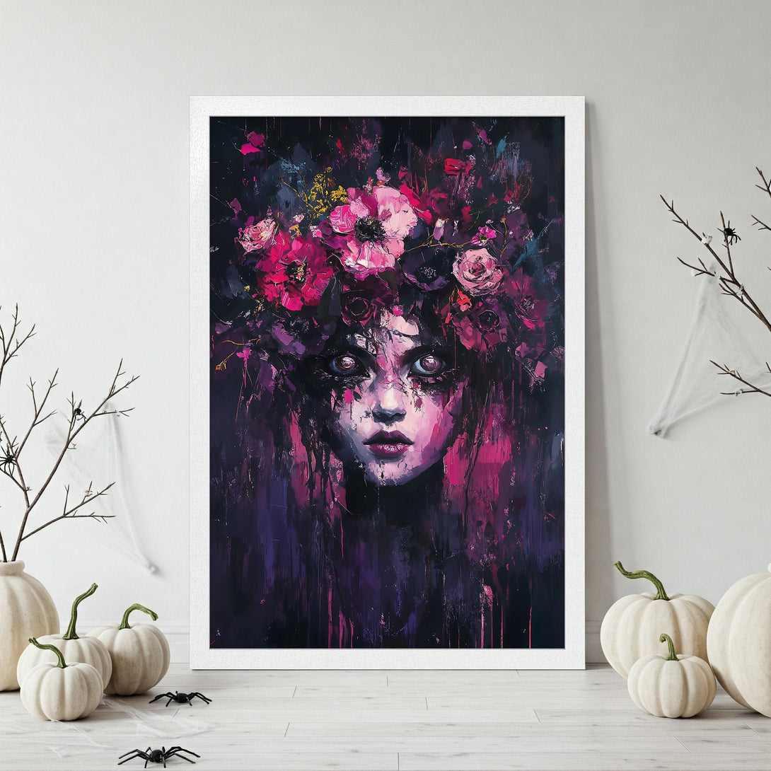 Framed Poster featuring a haunting portrait with a floral crown, in a dark, painterly style with a purple and pink color palette.