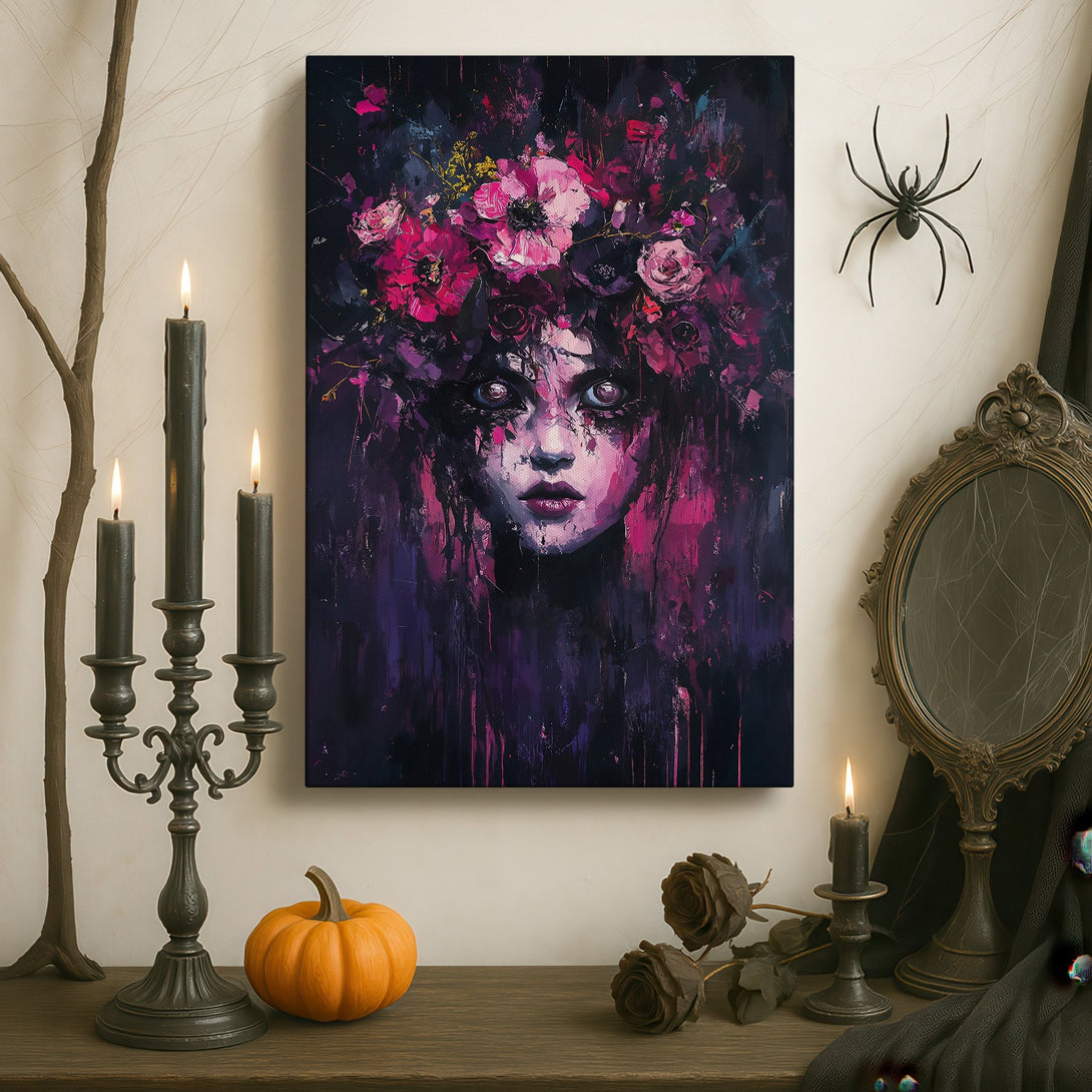 Framed Wall Art: Moody portrait of a woman with a floral crown, painted in a dark, expressive style with a purple and pink color palette. Elevate your space!