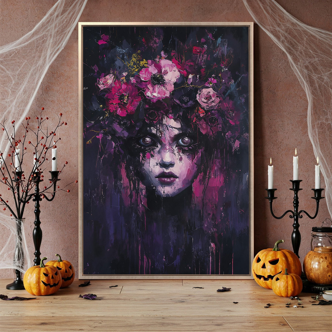 Framed Wall Art: Spooky portrait of a woman with flowers, in a dark purple and pink color palette. Perfect Halloween decor!